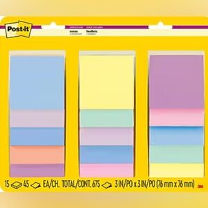 Post-it Notes, 3" x 3", Assorted Colors, 45 Sheets/Pad, 15 Pads/Pack - New